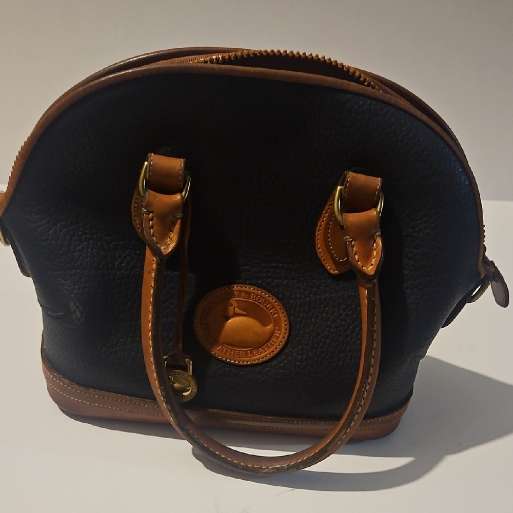 Dooney & Bourke Black Leather Mini Satchel with Tan Trim.